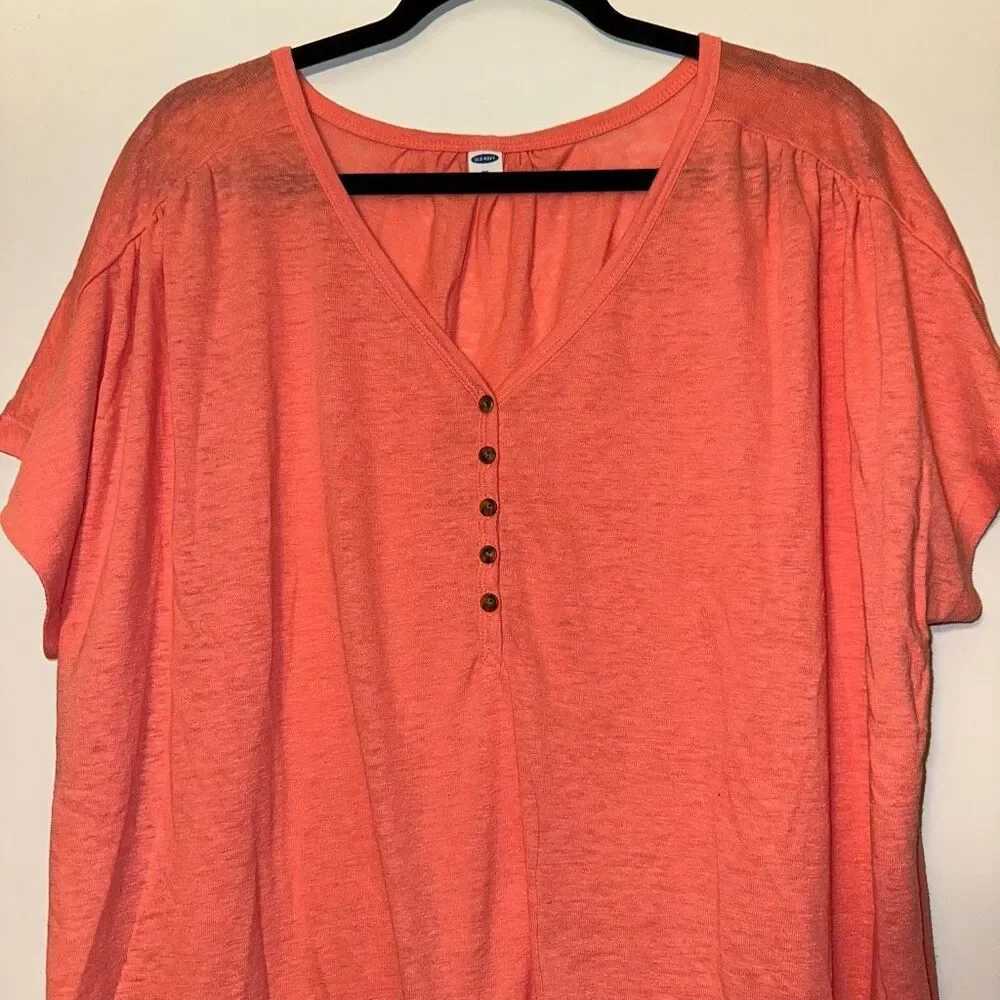 Old Navy Women’s XXL Linen Blend Short Sleeve Quarter Button Shirt Coral NWOT
